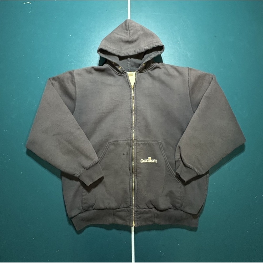 VTG Carhartt Thermal Lined Full Zip Hoodie Sweatshirt Men Large Faded Black K129